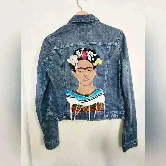 Customized Jean Denim Frida Kahlo Jacket Small Polo Jeans Ralph Lauren Vintage - Picture 1 of 5